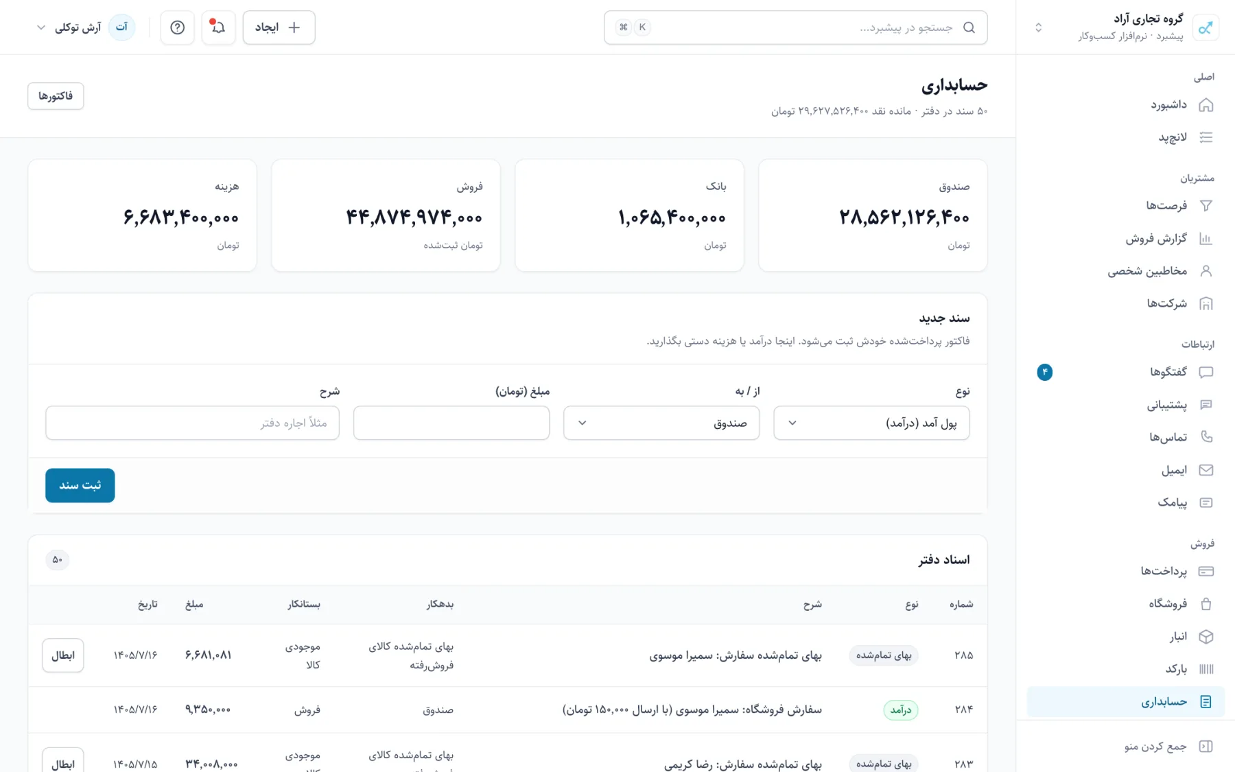 دفتر حساب پیشبرد با مانده‌ی صندوق، بانک، دریافتنی و اسناد