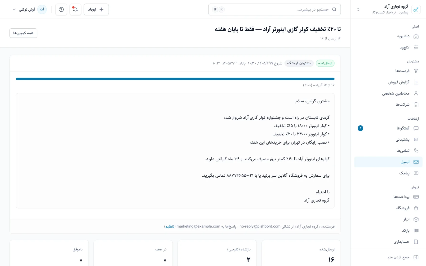جزئیات یک کمپین ایمیلی با آمار ارسال، بازشدن و بانس