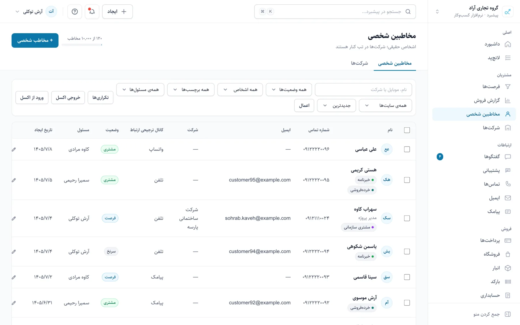 فهرست مخاطبین با فیلتر چرخهی عمر، مسئول و برچسب