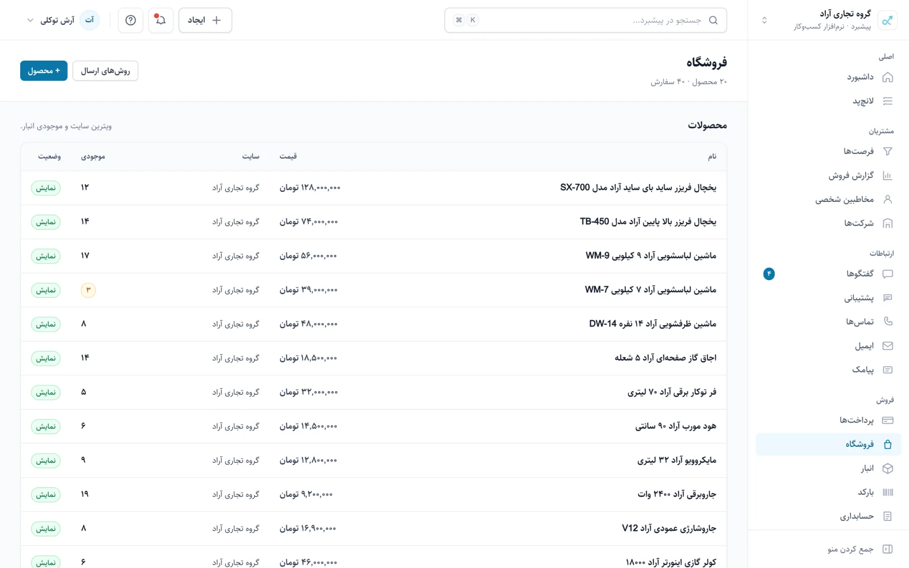 فهرست محصولات و سفارش‌های فروشگاه در پنل پیشبرد