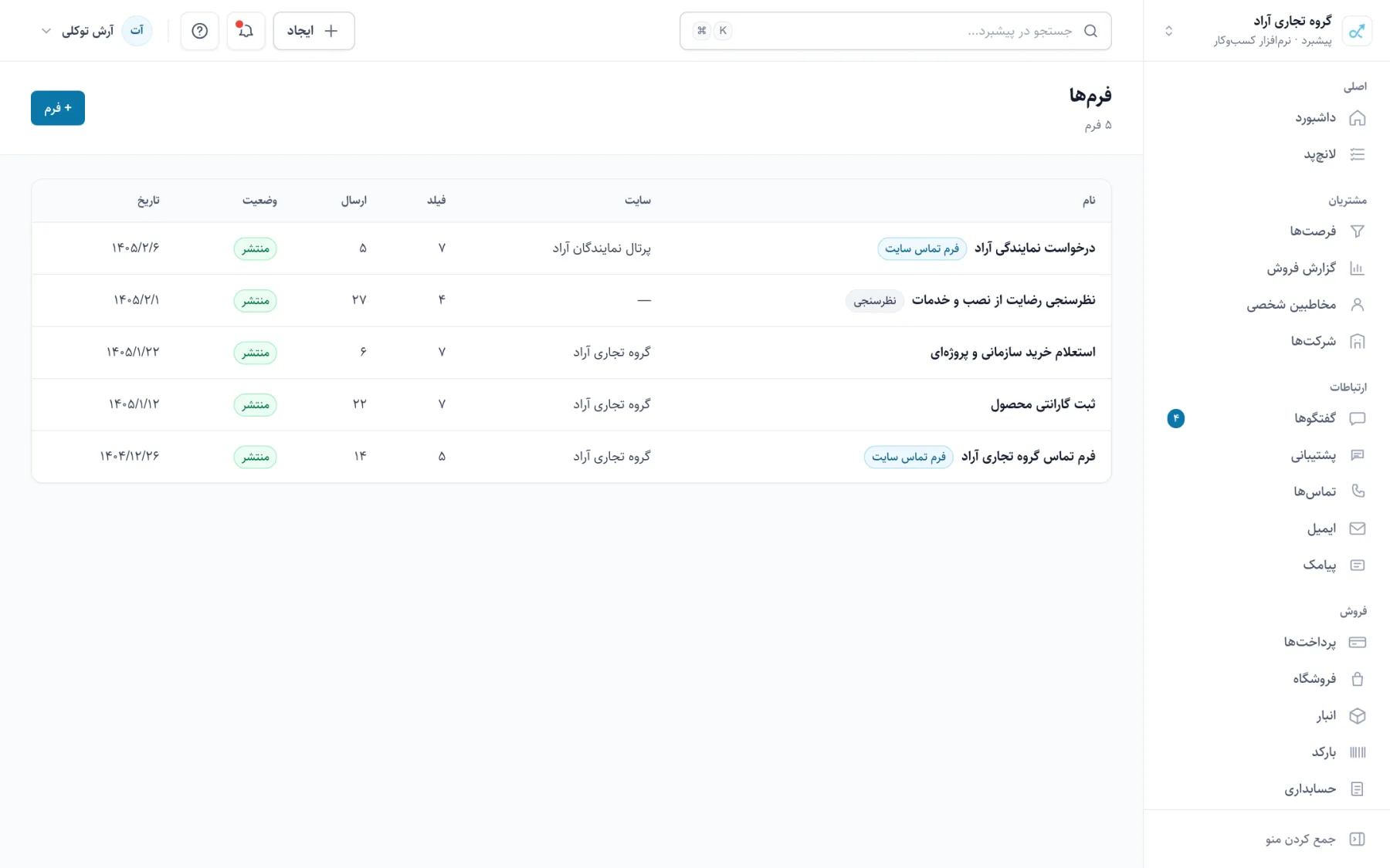 فهرست فرم‌ها با تعداد ارسال و لینک عمومی